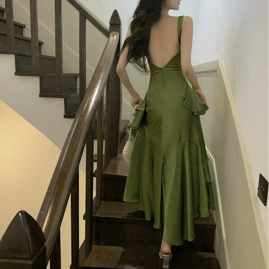 Long design beach seaside vacation ruffled backless green suspender dress S5781