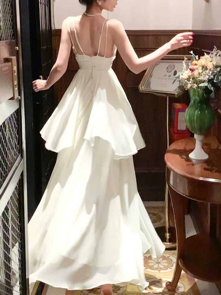 Design double-layer ruffled dress V-neck backless party dress S6035