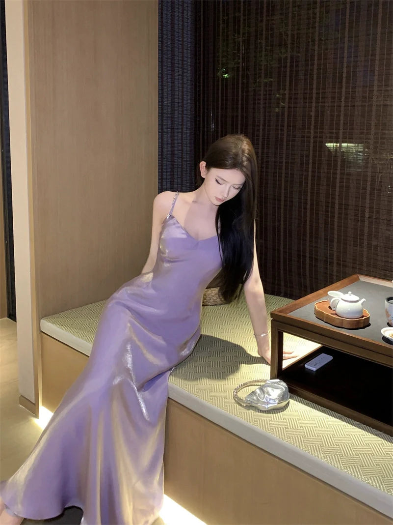 Purple satin v-neck dress for women long A-line party dress S5916