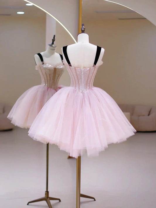 Cute Homecoming Dress Spaghetti Straps Tulle Sequins Short Prom Dress Back to School Outfits Party Dress D6091