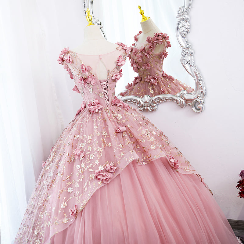 Lovely Pink Tulle Long Prom Dresses With Flowers, Pink Tulle Sweet 16 Gowns