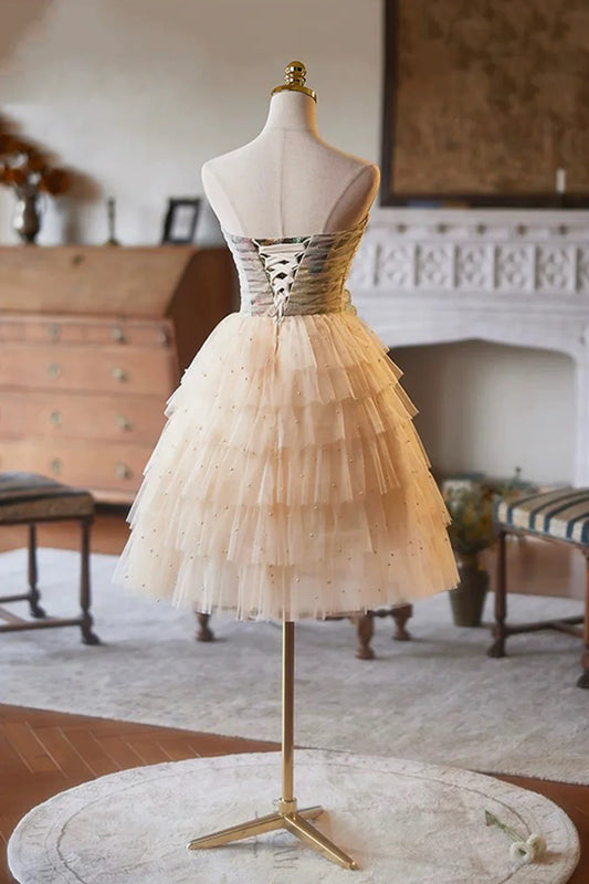 Charming Homecoming Dress Strapless Beaded Tulle Flower Short Prom Dress Back to School Outfits Party Dress D6035