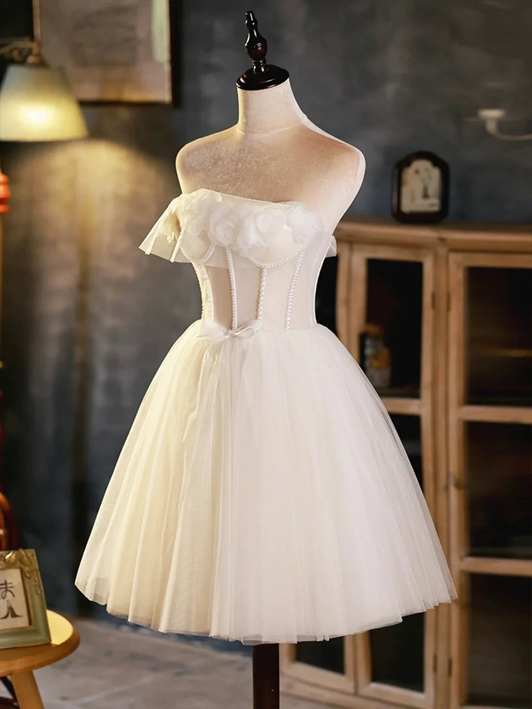 New Homecoming Dress Strapless Tulle Beaded Short Prom Dress Back to School Outfits Party Dress D6086