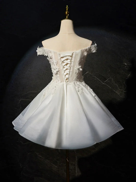 Chic Homecoming Dress Off the Shoulder Lace Flower Short Prom Dress Back to School Outfits Party Dress D6087