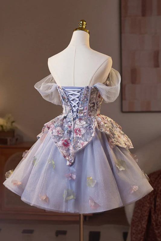 Chic Homecoming Dress Off shoulder Tulle Flower Applique Flower Short Prom Dress Back to School Outfits Party Dress D6037