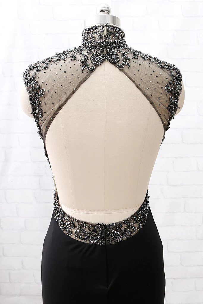 Mermaid High Neck Beaded Jersey Black Prom Gowns With Slit