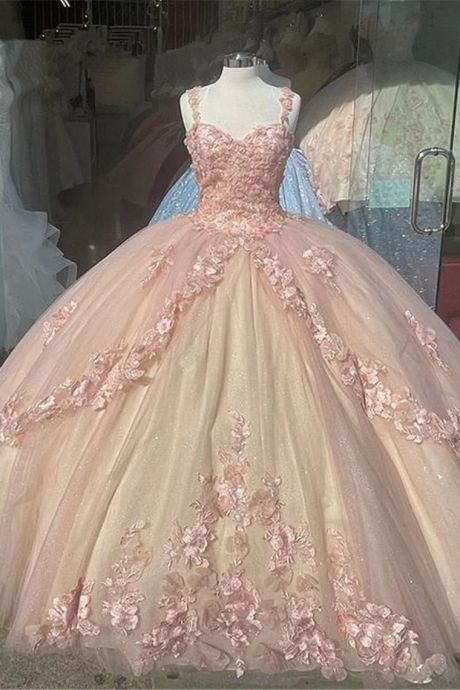 Pink/Purple/Green Sweet Lace Applique Long Tulle Quinceanera Dress Ball Gowns Prom Dresses