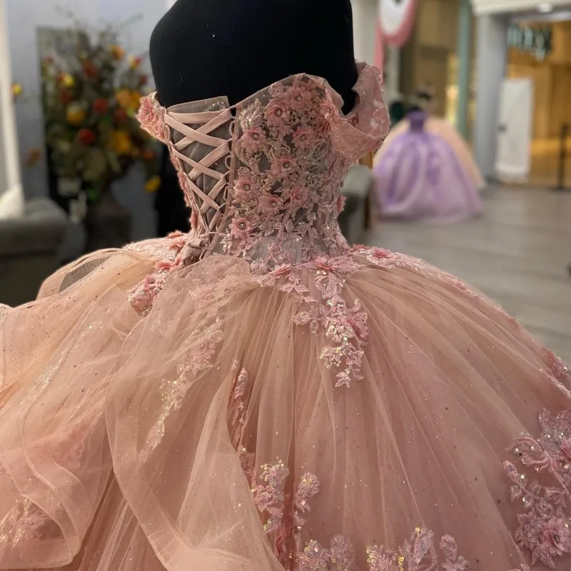 Pink Lace Long Prom Dress, Ball Gowns Sweet 16 Dresses