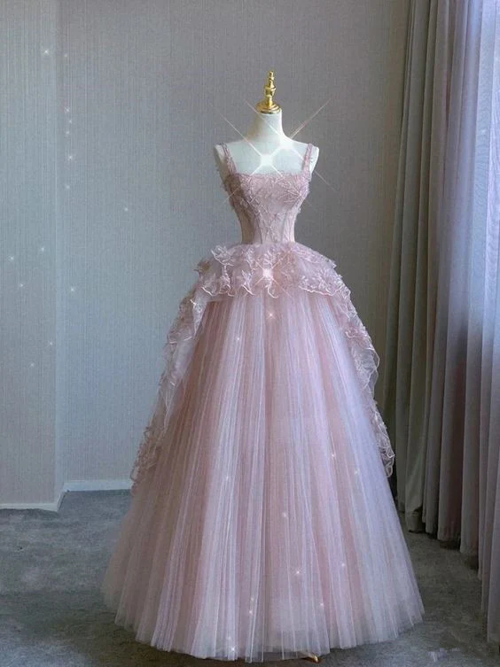 Pretty Ball Gowns Strapless Pink Long Lace Prom Dress