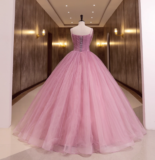 Princess Pink Bow Lace Tulle Ball Gown Evening Dresses Sweet 16 Dresses