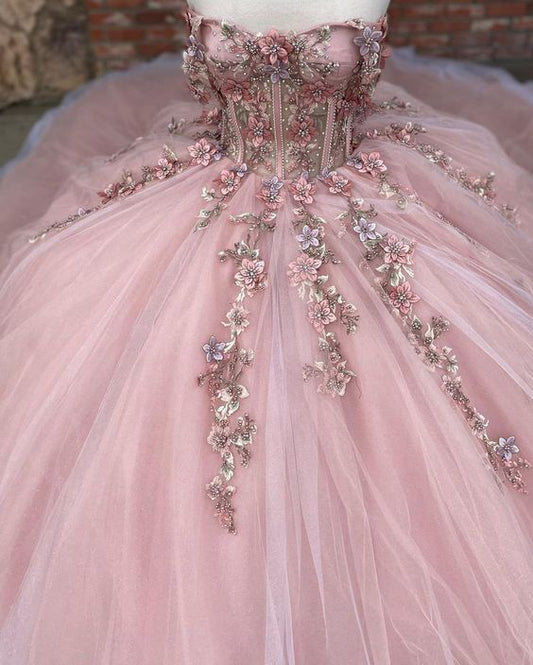 Pink Glitter 3D Flowers Beaded Ball Dress Beautiful Pink Princess Dresses Y1132