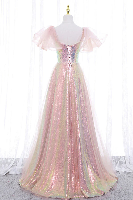 Pink Tulle Sequins Long Prom Dress, Cute Short Sleeve Evening Dress fg4122