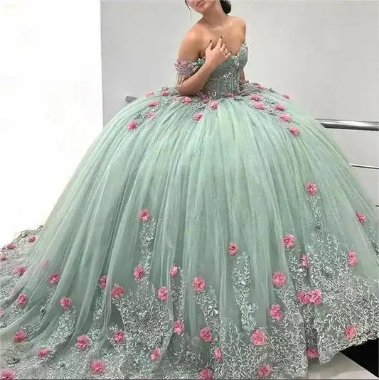 Prom Dresses 3d Flower Applique Prom Dresses Junior Pageant Dresses Sweet 16 Ball Gown