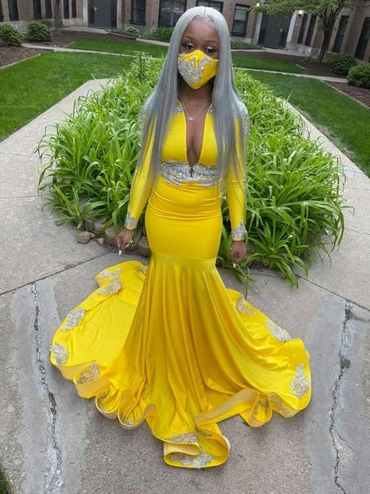 Yellow Mermaid Deep V Neck Prom Dresses Sexy Evening Dresses With Appliques Y570