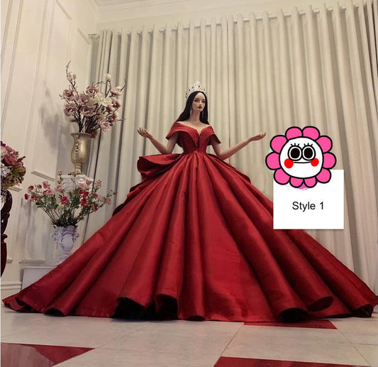 Charming red or white princess V neck satin ball gown wedding dress - various styles C2154