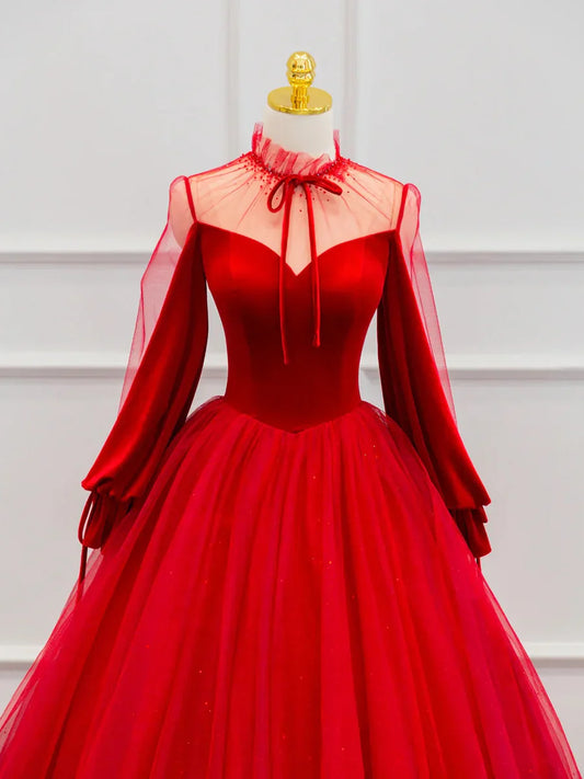 Red Velvet Tulle Floor Length Prom Dress, Beautiful Long Sleeve Evening Party Dress fg4355