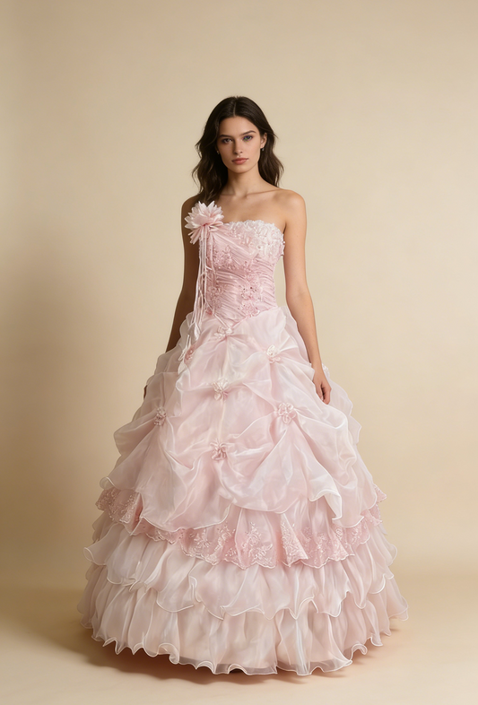 Pretty Prom Dress Strapless Pleated Flower Ball Gown Birthday Party Dress Evening Dress D4141