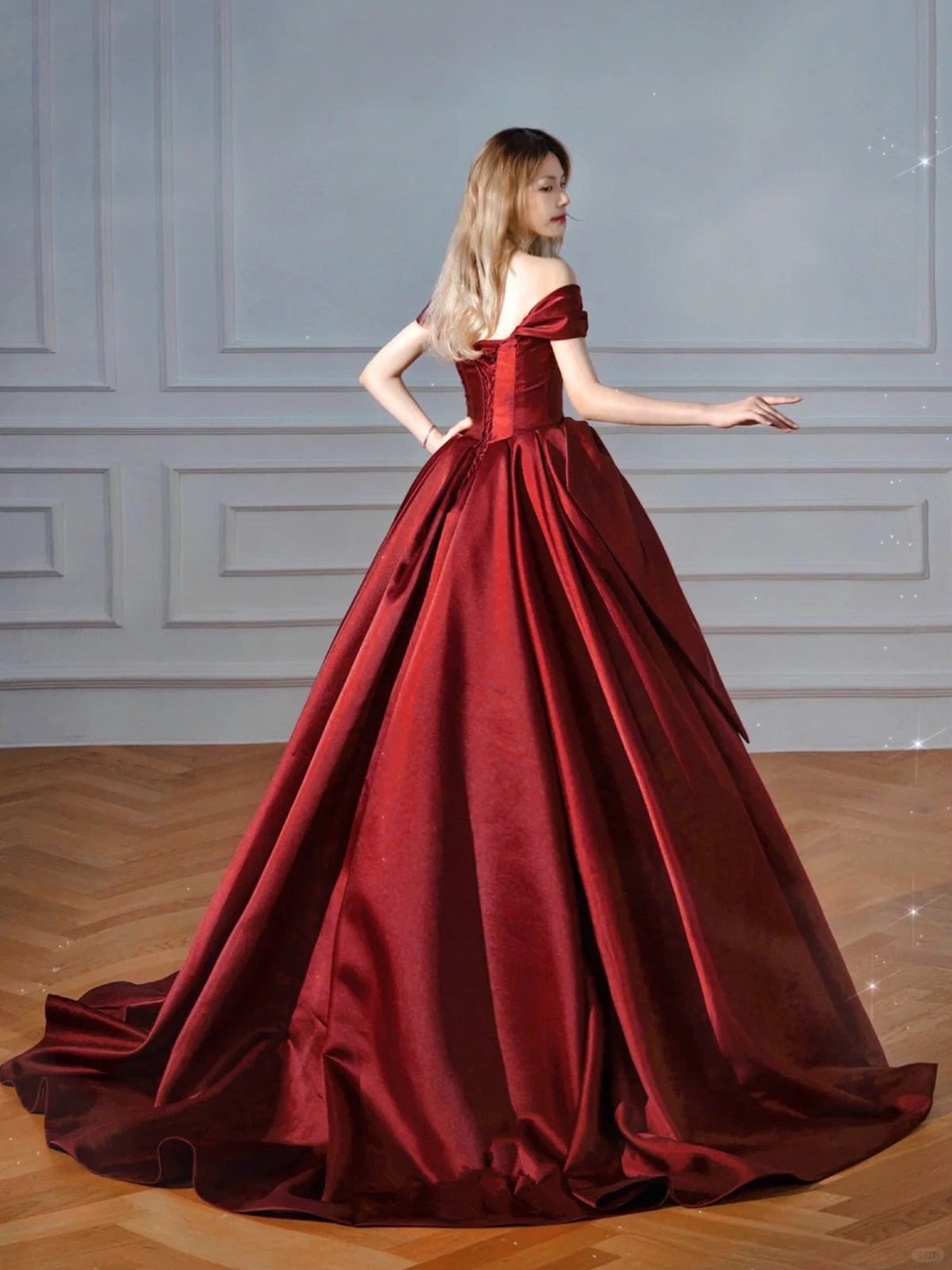 Wine Red Chic Off Shoulder Satin Party Dress, Wine Red Satin Long Prom Dress
