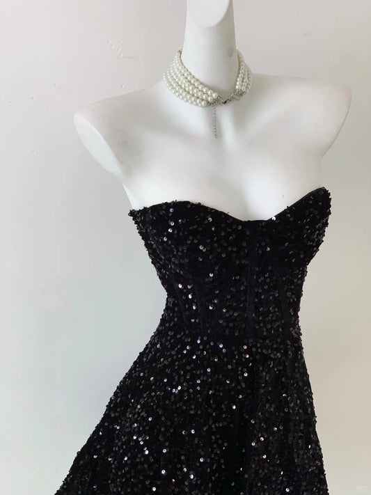 Vintage Black Strapless Sequin A-line Sweetheart Party Dresses Homecoming Dresses, D1336