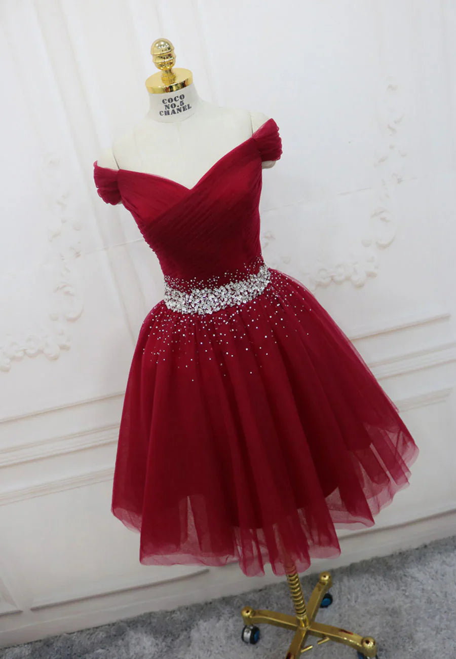 Elegant Homecoming Dress Off the Shoulder Tulle Rinestone Short Prom Dress Back to School Outfits Party Dress D6098