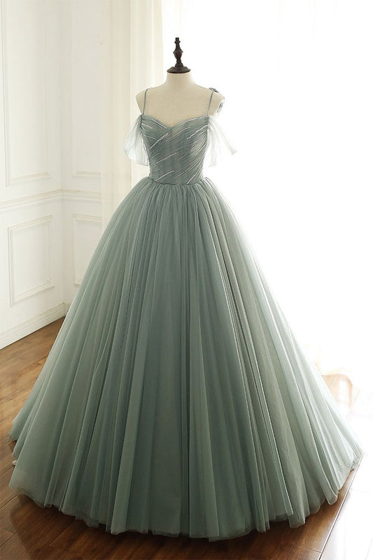 Sage Green Tulle Long Ball Gowns With Spaghetti Straps, Sage Green Sweet 16 Dresses Prom Gowns