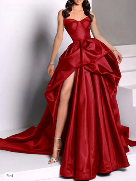 Sexy Ball Gowns Strapless Burgundy Long Slit Prom Dress