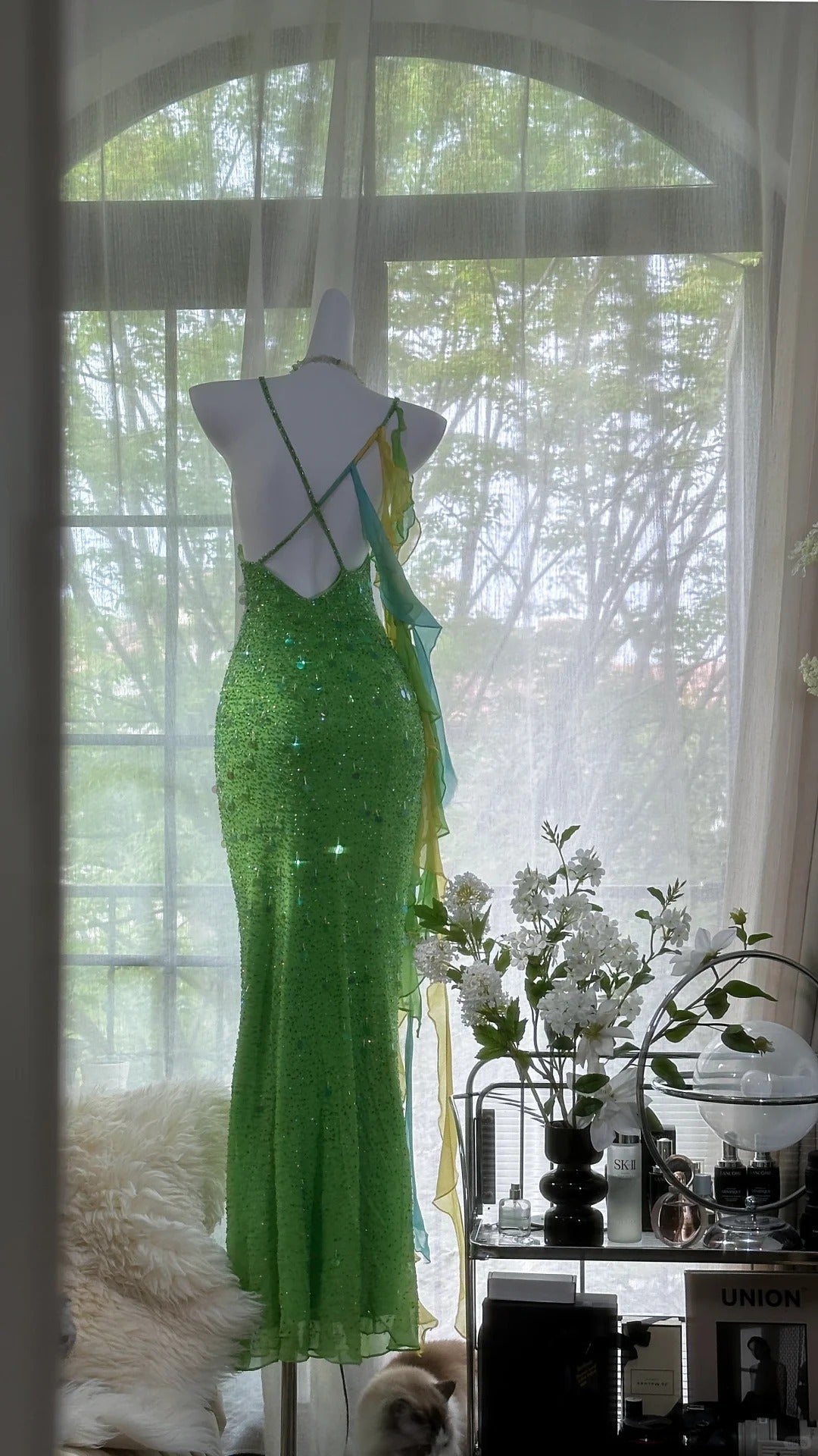 Shiny Full Beaded Heavy Green Mermaid Backless Evening Gown Prom Dresses