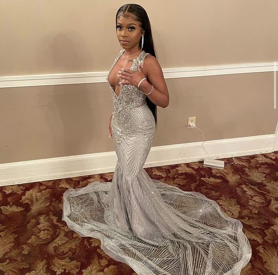Silver Mermaid Women Prom Gown
