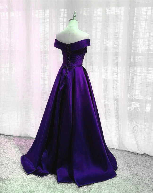 Simple Off Shoulder Satin Long Prom Dress, Dark Purple Prom Dresses Prom Gowns