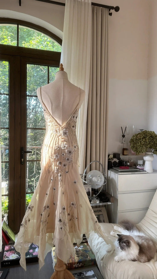 Stunning Homecoming Dress Spaghetti Strap Beaded Backless Dress Back to School Outfits Party Dress D6439