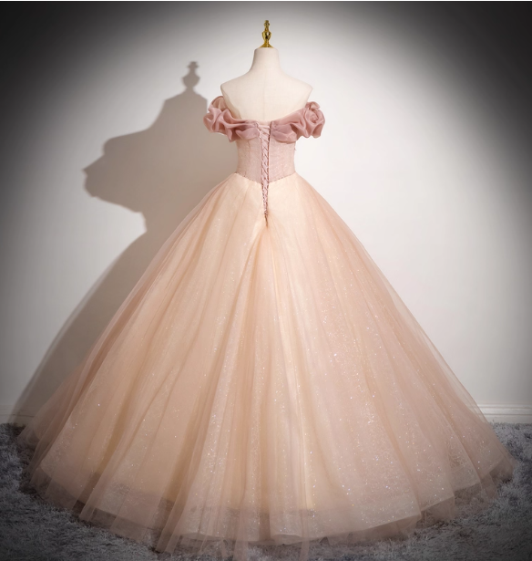 Sweet Pink Apricot One-Shoulder Tulle Long Ball Gown Evening Dresses Sweet 16 Dresses