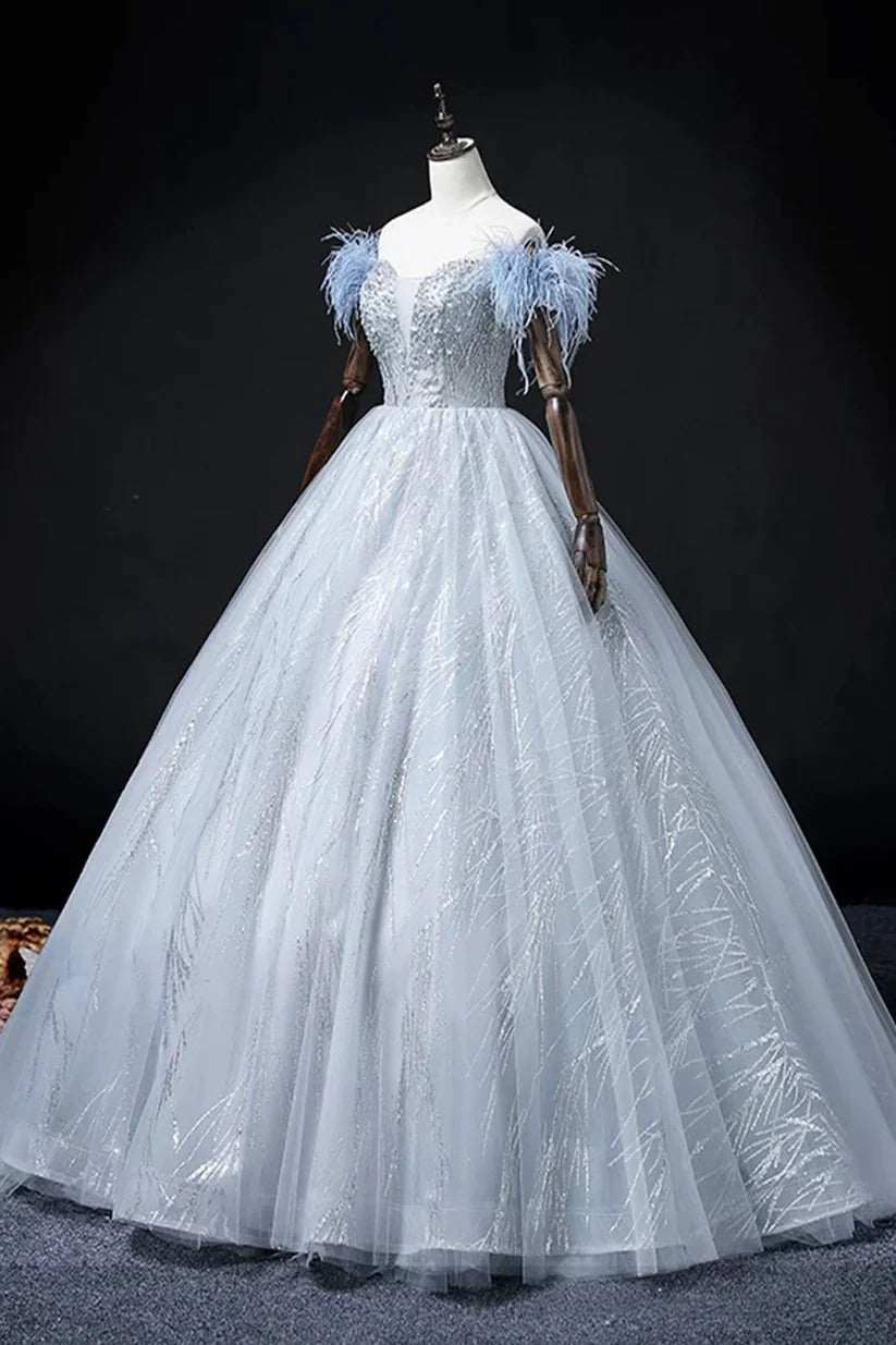 Blue Tulle Beads Long Prom Dress, Elegant A-Line Evening Party Dress S7313