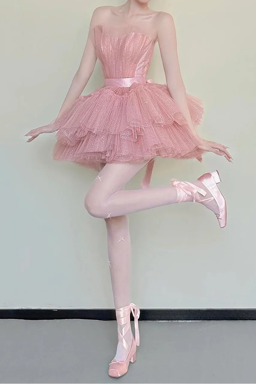 Charming Homecoming Dress Strapless Tulle Lace Short Prom Dress Back to School Outfits Party Dress D6033
