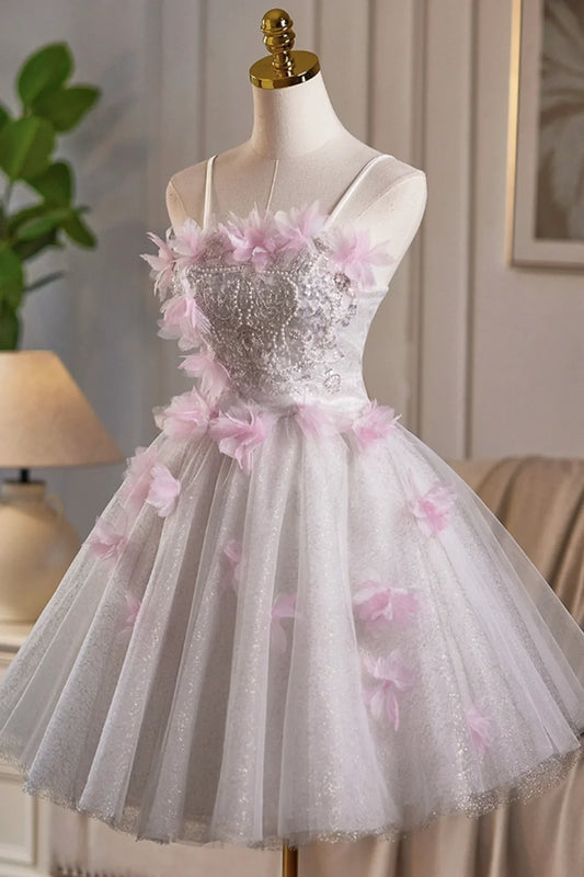Chic Homecoming Dress Spaghetti Straps Tulle Lace Flower Applique Short Prom Dress Back to School Outfits Party Dress D6025