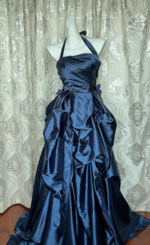 Vintage Navy Blue Strapless Satin Long Ball Gown Evening Dresses
