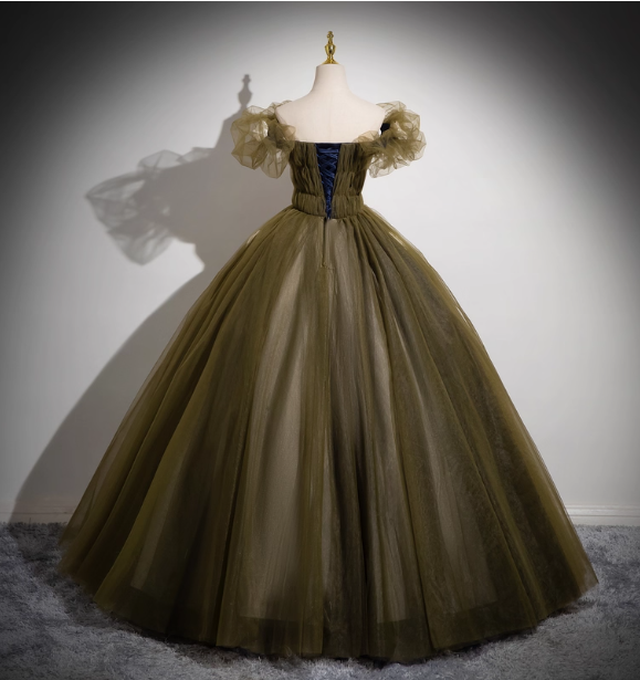 Vintage Olive Green One-Shoulder 3D Floral Tulle Long Ball Gown Evening Dresses Sweet 16 Dresses