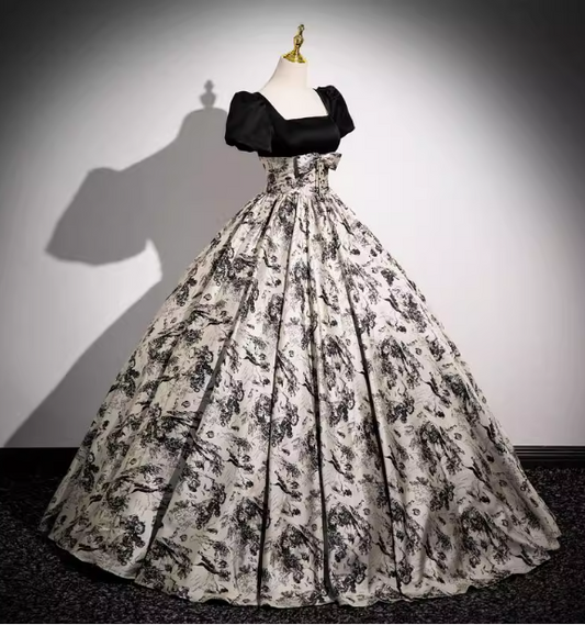 Vintage Printed Square Neck Puff Sleeve Velvet Ball Gown Evening Dresses Sweet 16 Dresses