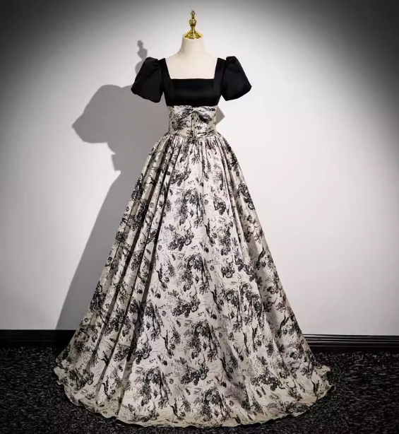 Vintage Printed Square Neck Puff Sleeve Velvet Ball Gown Evening Dresses Sweet 16 Dresses