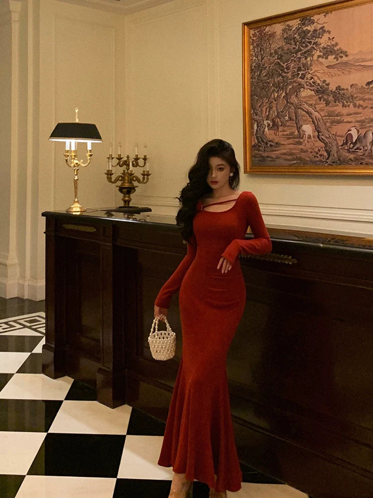 Red mermaid dress new style flower long party dress S5590
