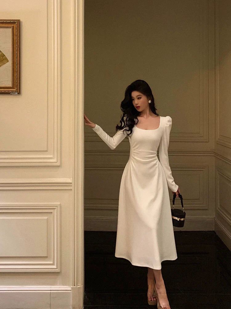 White square neck dress for women new style pleated waist party dress S5584