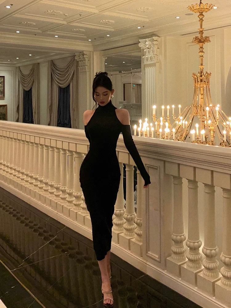 Black off-the-shoulder knitted dress for women new high-neck party dress S5556
