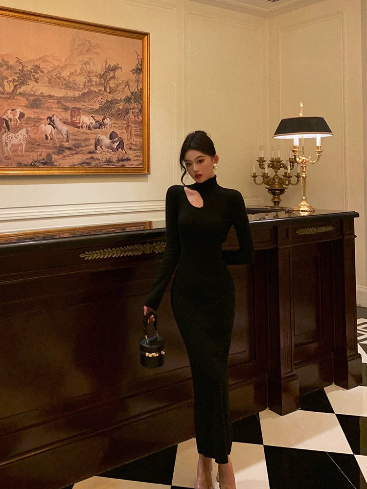 Black high neck knitted dress women evening dress S5505