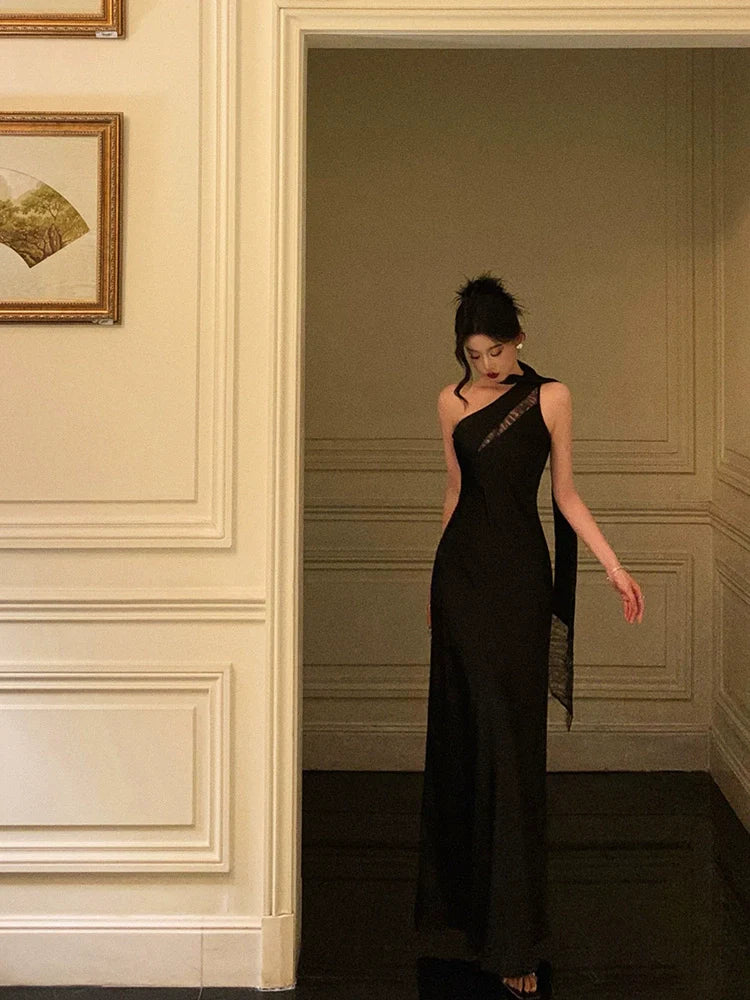 Black one-shoulder ribbon dress women evening party dress S5508