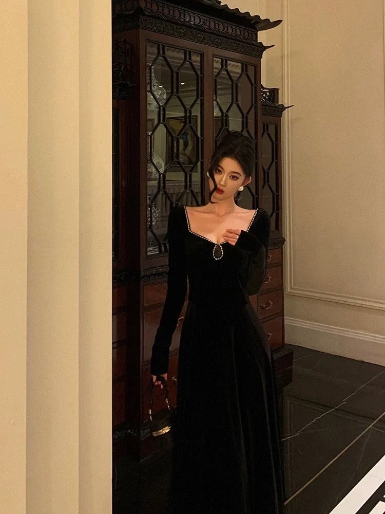 Black velvet dress for women A-line party dress S5546
