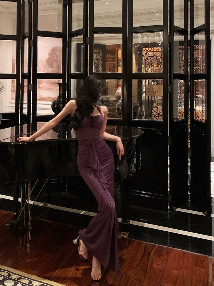 Purple halter neck suspender dress new sexy long party dress S5580