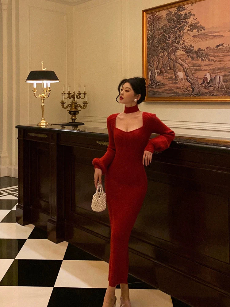 Red scarf knitted dress new retro square neck dress S5534