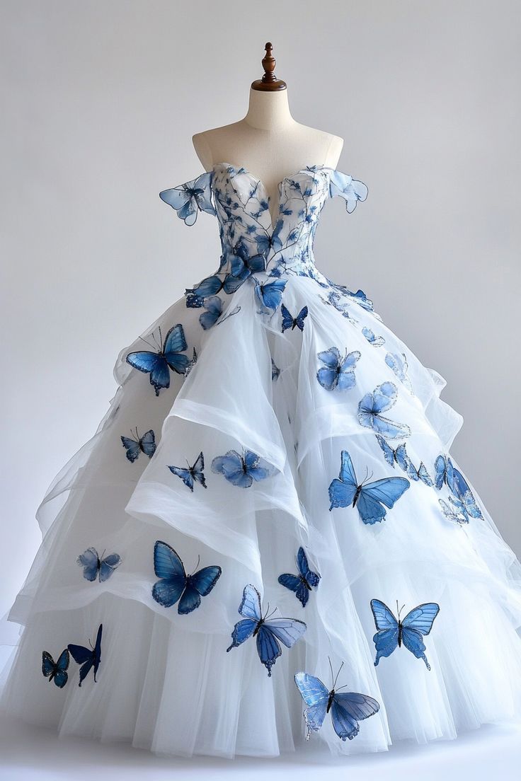 White A-Line Fairytale Tulle Long Prom Dresses With 3D Butterfly Off-The-Shoulder Prom Gowns For Birthday&Quinceanera