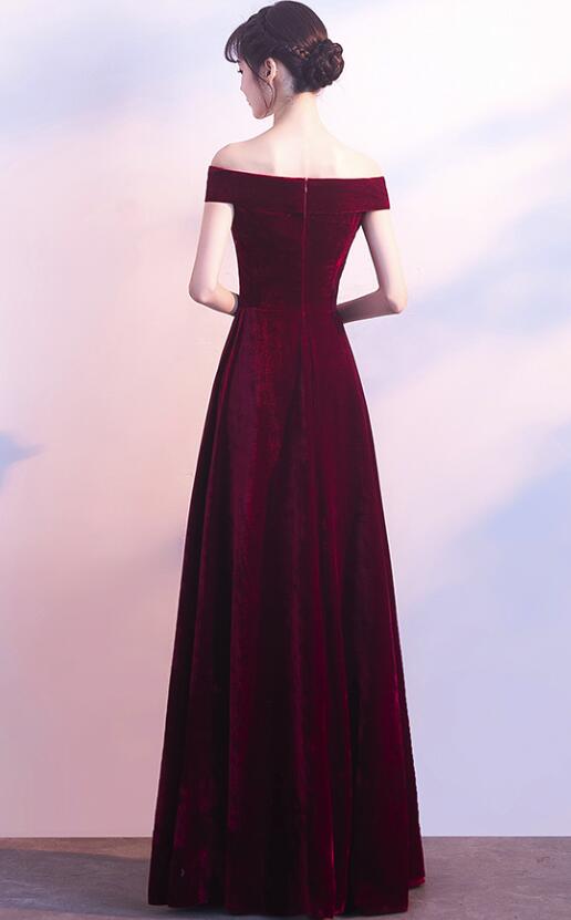 Wine Red Off Shoulder Velvet Long Wedding Prom Dresses, Charming Prom Gowns