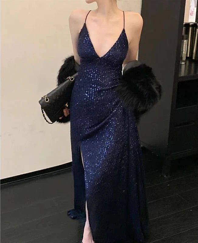 Womens Navy Sequined Slitted Spaghetti Strap V Neck Full-Length Prom Gowns Dresses