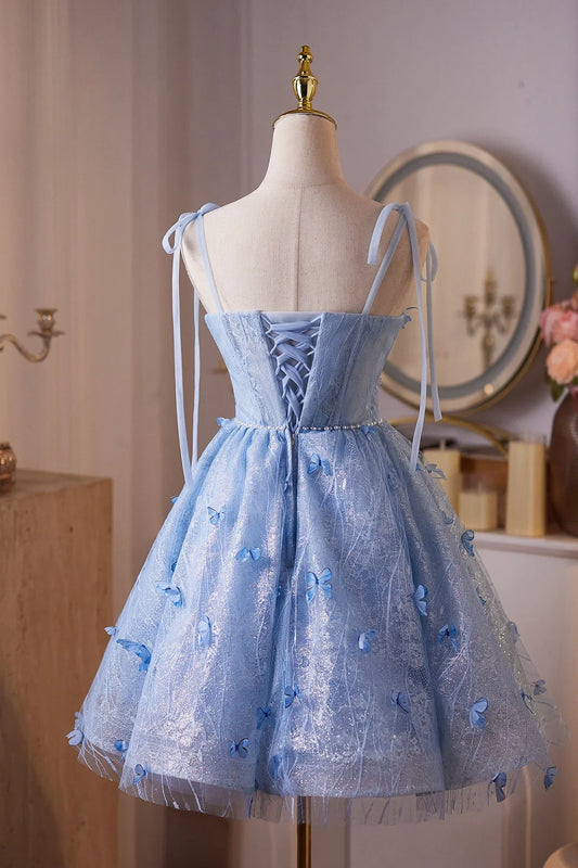 Chic Homecoming Dress Spaghetti Straps Flower Lace Short Prom Dress Back to School Outfits Birthday Party Dress D6012